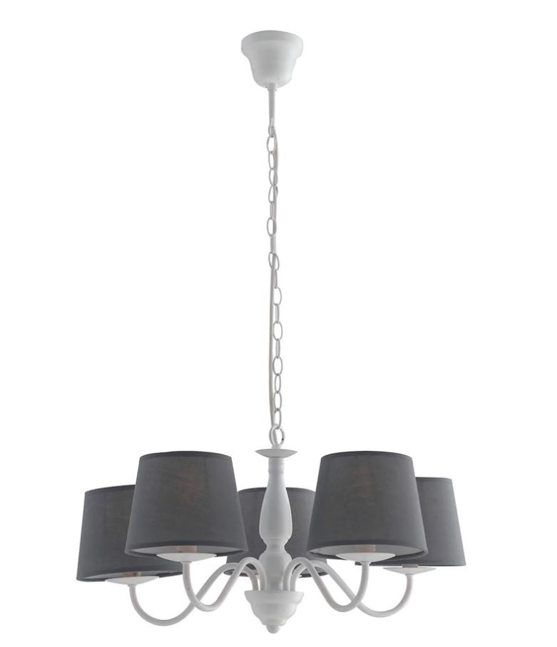 Sospensione 5 luci metallo bianco paralumi tessuto grigio 5XE14 non incl. FAVOLA Sospensione 5 luci metallo bianco paralumi tessuto grigio 5XE14 non incl. FAVOLA